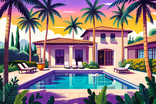 luxury villa exterior featuring a swimming pool surrounded by elegant palm trees, designed for modern architectural projects, tropical artwork, vacation themes