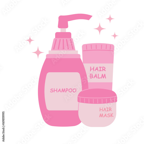 bottle with shampoo, hair conditioner and hair mask, on a white background, hand drawn.