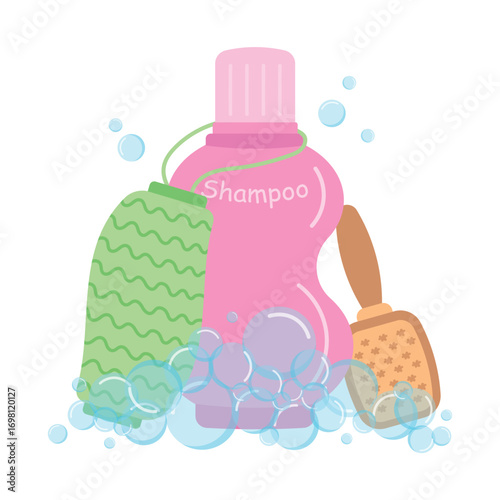 Shampoo, loofah and comb in soap bubbles. Self-care concept