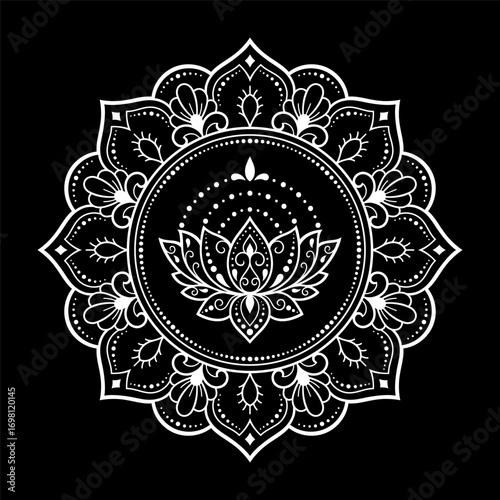 Circular pattern in form of mandala with Lotus flower for Henna, Mehndi, tattoo, decoration. Decorative ornament in ethnic oriental style. Outline doodle hand draw vector illustration.