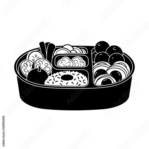 Black and white illustration of a bento box lunch