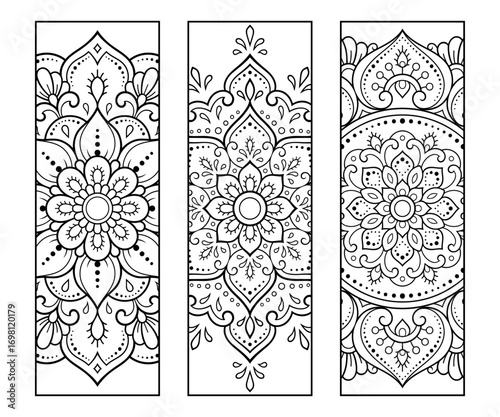 Printable bookmark for book - coloring. Set of black and white labels with flower patterns, hand draw in mehndi style. Sketch of ornaments for creativity of children and adults with colored pencils.
