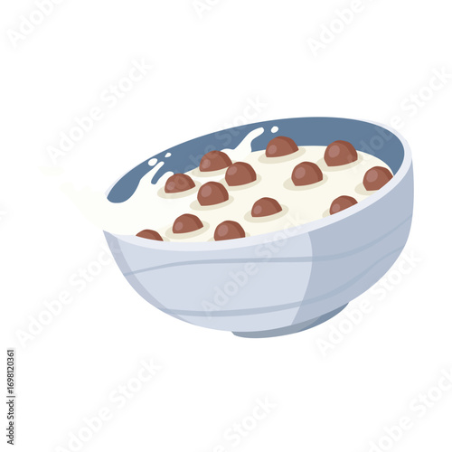 Vector illustration of crispy chocolate cereal balls in bowl with milk