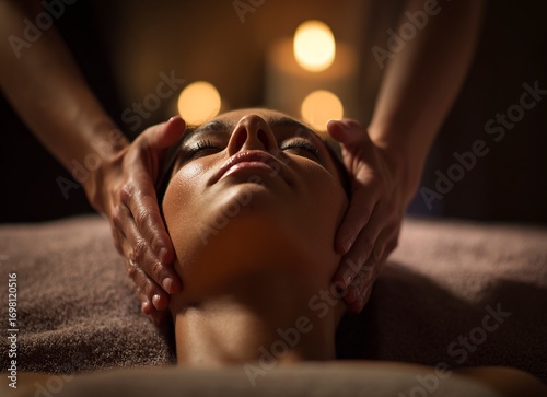 A woman is lying on her back in the spa, and the hands of a female massage therapist are positioned above her head, performing a facial treatment. 