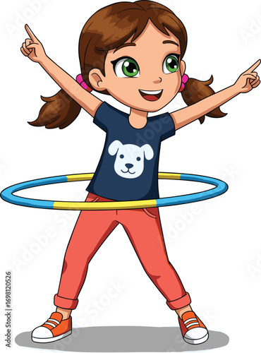 Cartoon girl hula hooping, kids exercise fun, girl playing outdoors, colorful hula hoop, active child, happy dance pose