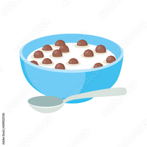 Vector illustration of crispy chocolate cereal balls in bowl with milk and spoon