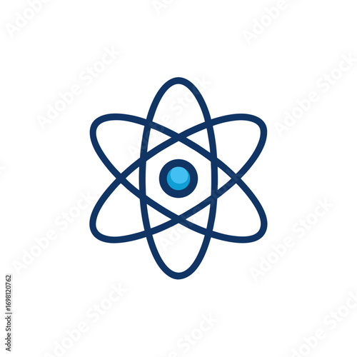 Blue atom model with orbiting electrons on transparent background