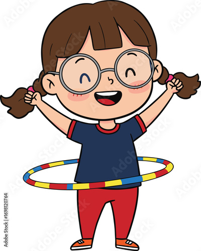 Cartoon girl with hula hoop, happy child exercising, fun fitness play, kid in glasses smiling, healthy active lifestyle