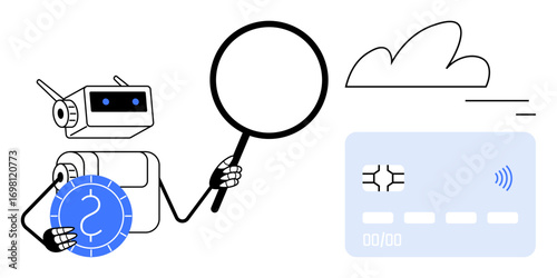 Robot holding magnifier near chip-enabled card and cloud icon while inspecting electronic payment. Ideal for fintech, AI, automation, cybersecurity, technology, payment solutions, simple landing page