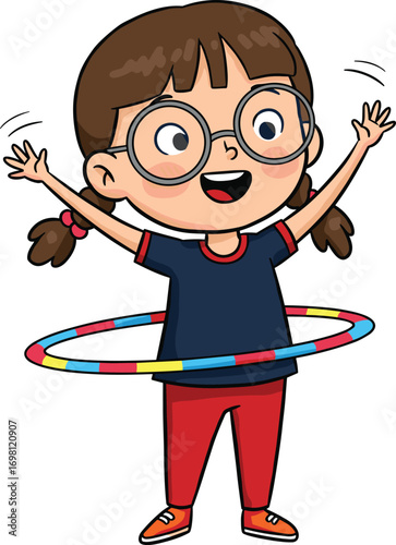 Cartoon girl with hula hoop, happy child exercising, fun fitness play, kid in glasses smiling, healthy active lifestyle