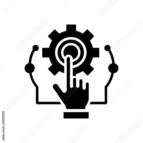 Hand touching a gear mechanism interface on transparent background