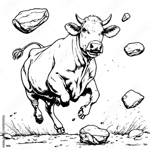Dynamic bull charging forward with power and energy, rocks flying, strength and determination shown