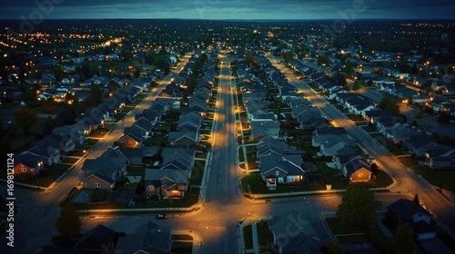 Aerial view of suburban neighborhood at night.
