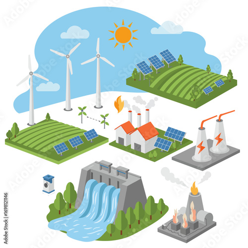 An illustrative concept of various energy generation methods, from sustainable green sources to traditional industrial power plants