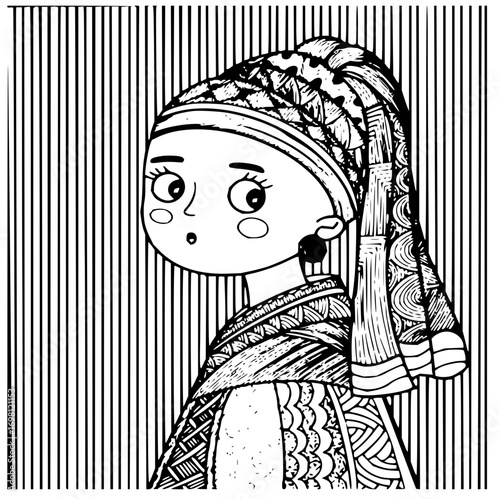 Whimsical girl portrait with pearl earring in black and white for coloring books or creative projects