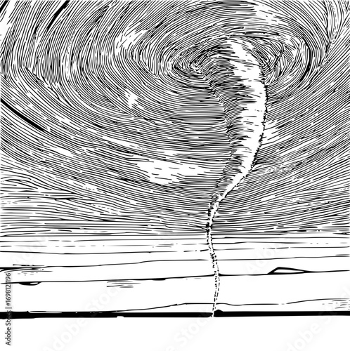 Powerful tornado graphic swirls ominously, conveying nature's fury and raw atmospheric energy