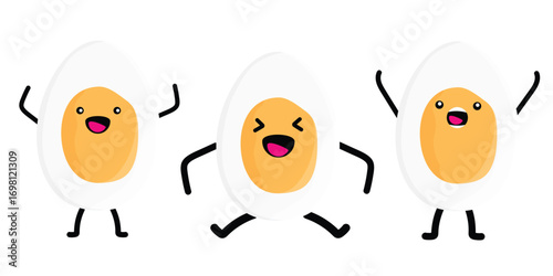 Egg character set collection. Smiling and happy eggs. Cute boiled eggs with kawaii funny cartoon faces in different poses