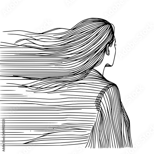 Elegant line art of a woman with flowing hair, capturing freedom and a serene, contemplative mood
