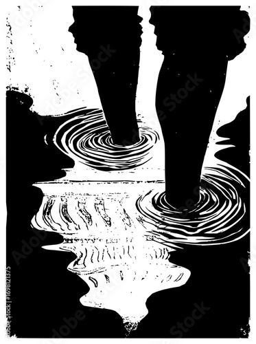 Abstract illustration of legs in water with ripples and reflection, creating a bold and striking design.