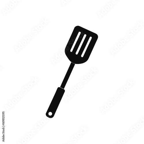Illustration of a black slotted spatula tool on transparent background