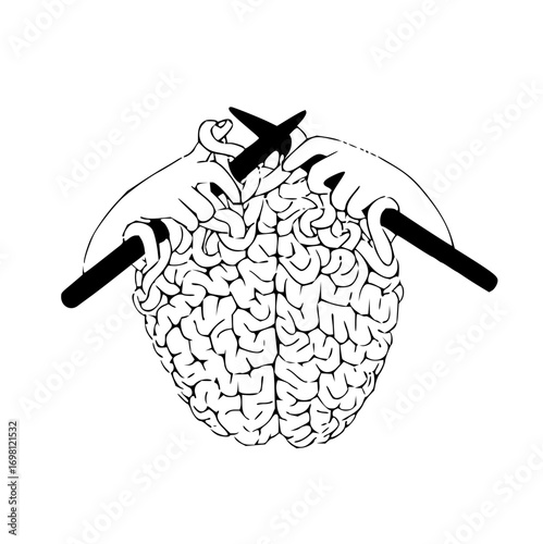 Brain knitting concept for mental health, creativity and relaxation in black and white drawing