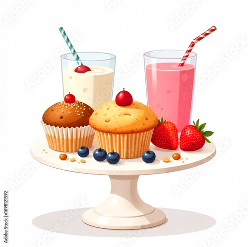 cupcake with strawberry, milkshake, brunch