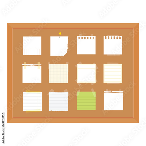 Blank paper notes, sticky memos, notepad sheets pinned to rectangular cork bulletin board