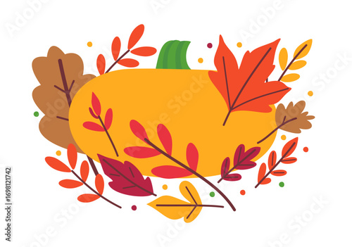 Bright vector composition with pumpkin and autumn leaves isolated on white background