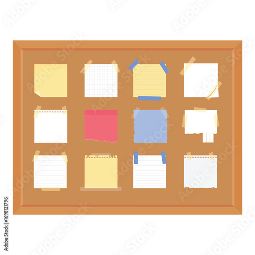 Blank paper notes, sticky memos, notepad sheets pinned to cork bulletin board with wooden frame