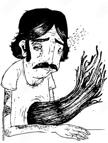 Intense sketch of man with limb transforming into branches, a surreal concept art piece