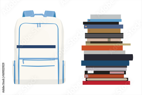School bag and stack of books