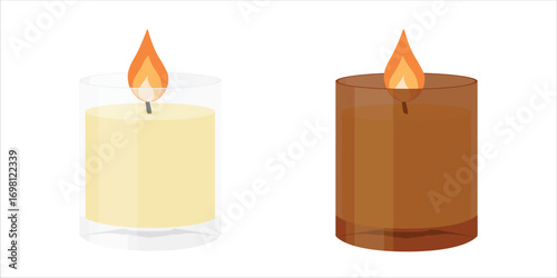Wax candle in holder, isolated on white background. Brown and white plastic, glass holder