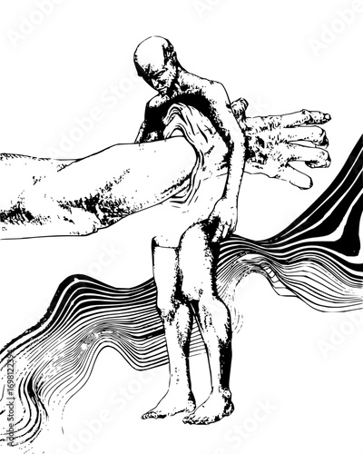 Distressed figure held captive by massive hand, abstract line art conveys dark, emotional despair