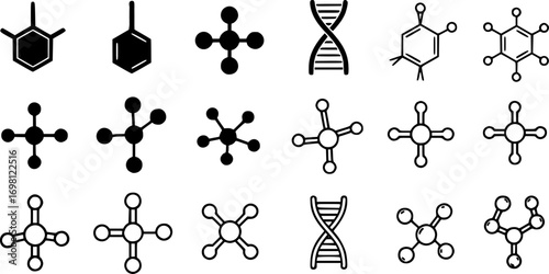 Molecule icon vector set in black flat and line stroke style