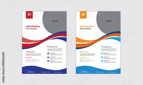 Modern business flyer with abstract waves and contact information