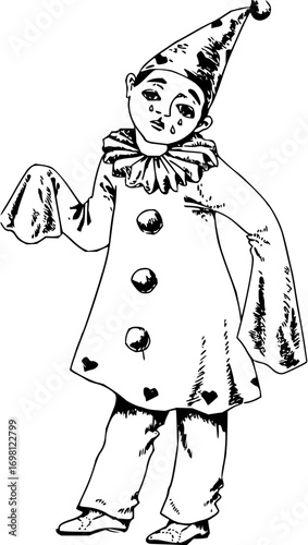 Sad clown with teardrops in vintage costume, evokes nostalgia and melancholy in monochrome design