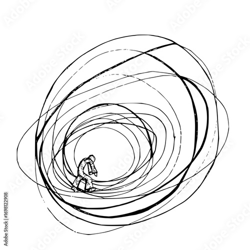 Person navigating swirling chaos, finding strength in vulnerability with artistic black and white illustration