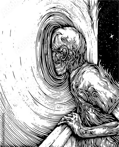 Intricate monochrome illustration of a figure reaching toward a celestial portal, evoking mystery