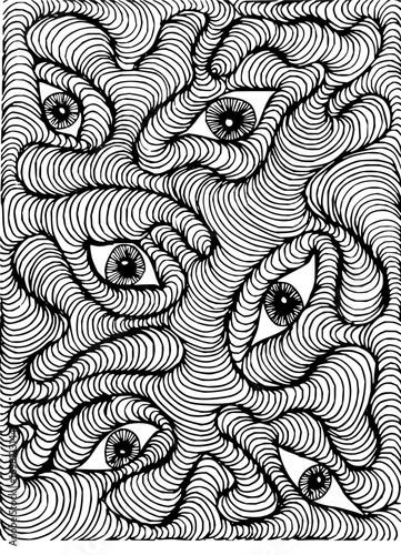 Intricate line art with striking eyes, captivating abstract design, mesmerizing optical illusion, vector
