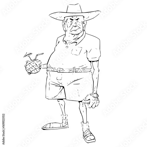 Quirky old man cartoon character with a pineapple cocktail, perfect for humorous designs and stories