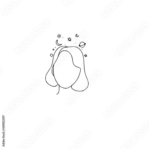 Dreamy woman with celestial thoughts, stars and moon, line art graphic for spiritual wellbeing designs