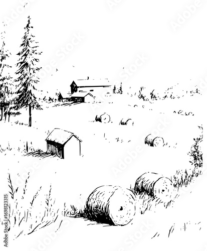 Rural farm scene with hay bales, a barn, and tall trees, evokes peaceful countryside living