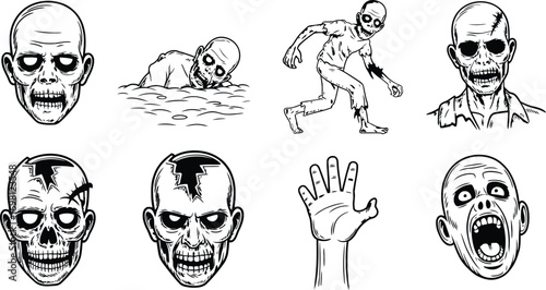 Collection of scary zombie illustrations and icons for halloween