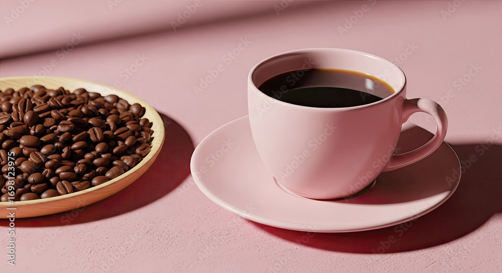 Fototapeta premium Pink cup of coffee with coffee beans on a pink background