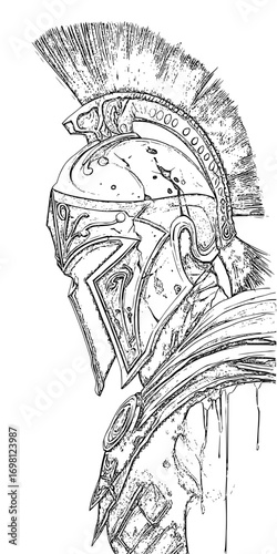 Intricate line art of a spartan warrior helmet, evoking ancient history and strength