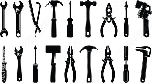 Outlined set of hand tools, hammer, wrench, screwdriver, pliers, adjustable wrench, mallet, toolkit, DIY tools, repair tools, construction equipment icons