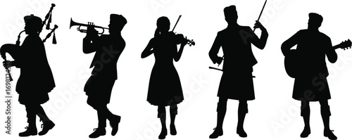 Silhouette of traditional musicians playing bagpipes, trumpet, violin, erhu, guitar, Scottish attire, folk music, cultural performance, live music, band