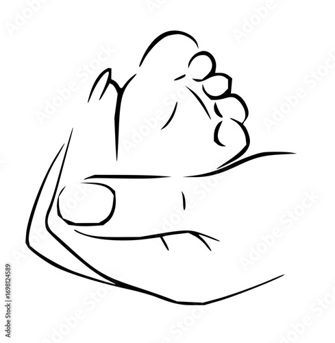 Minimalist line art drawing of a baby's foot in hand, capturing innocence and tenderness