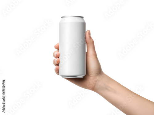 Hand holding a white aluminum can isolated on transparent background