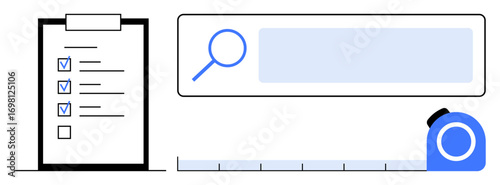 Clipboard checklist with completed tasks, search bar with magnifying glass, and measuring tape signifying organization. Ideal for planning, productivity, efficiency, research, measurement, task
